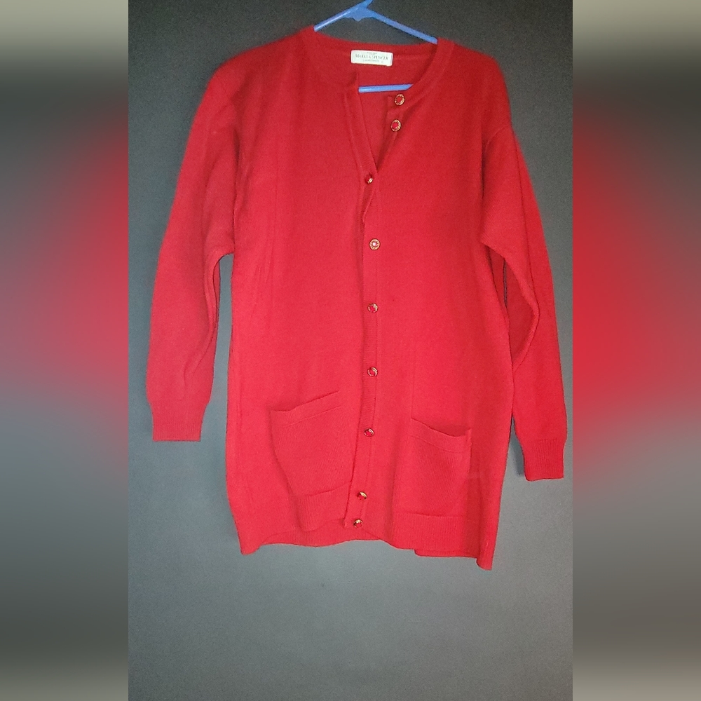 Vintage St Michael Marks And Spencer 100% Lambs wool Cardigan Red Sz 10 38 made